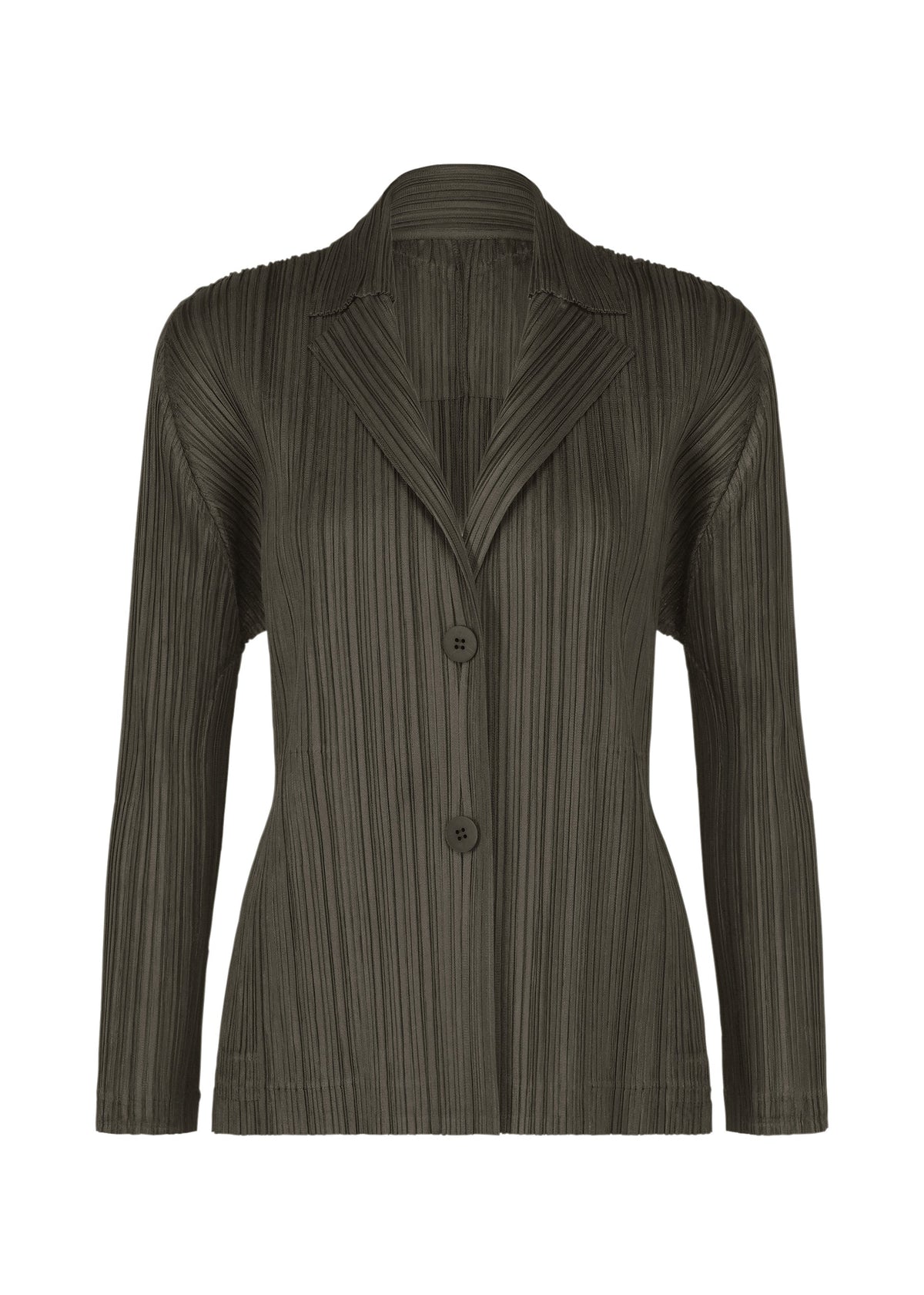 Discover the PLEATS JACKET by PLEATS PLEASE ISSEY MIYAKE—a dark green, long-sleeved collared jacket featuring a tailored fit, notched lapels, and two front buttons. Its unique vertical accordion-style pleats create a distinctive texture throughout, while practical pockets add convenience to this stylish piece. view 1 of 7
