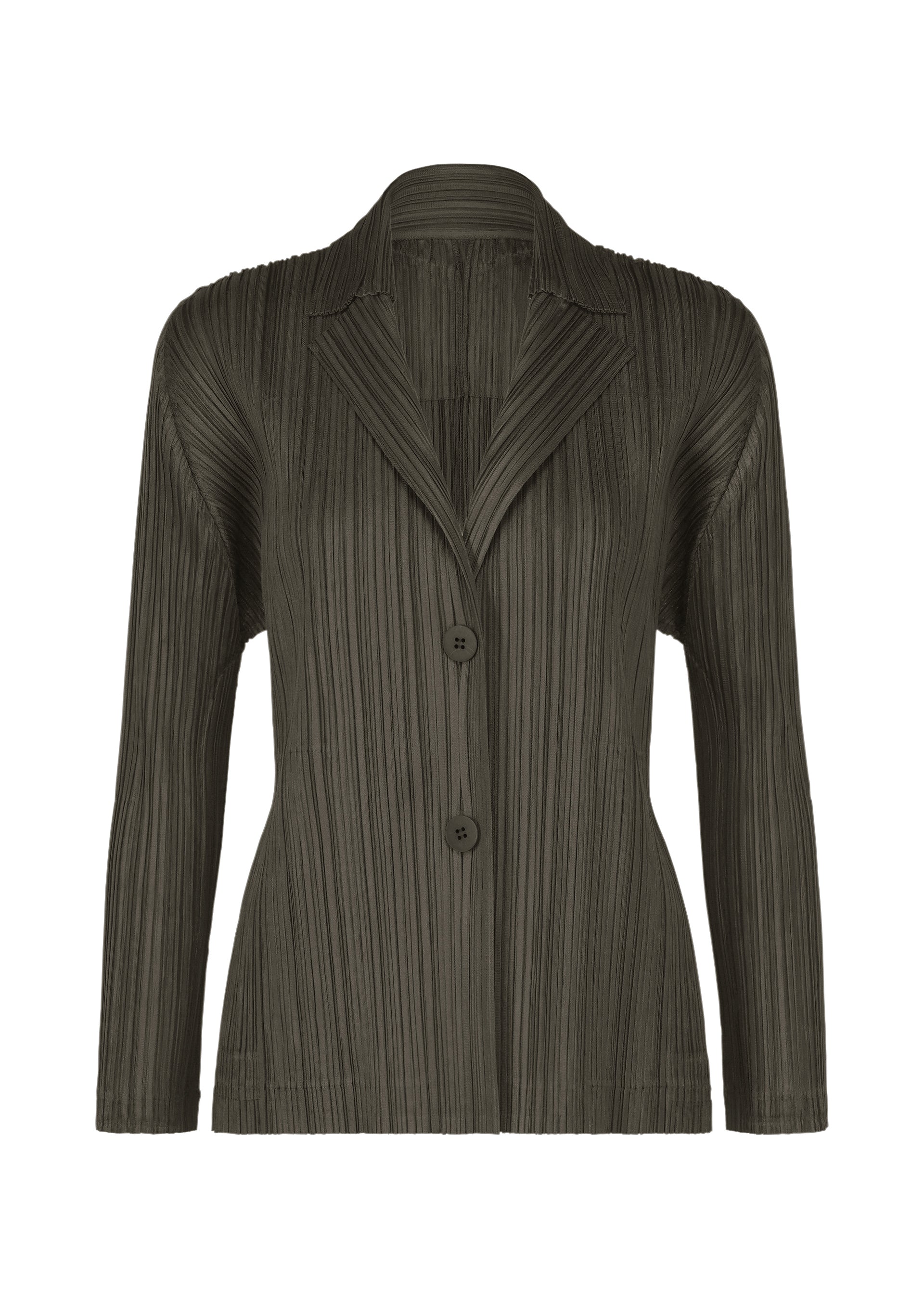 Zoomed view Discover the PLEATS JACKET by PLEATS PLEASE ISSEY MIYAKE—a dark green, long-sleeved collared jacket featuring a tailored fit, notched lapels, and two front buttons. Its unique vertical accordion-style pleats create a distinctive texture throughout, while practical pockets add convenience to this stylish piece. - CHARCOAL （no.17）