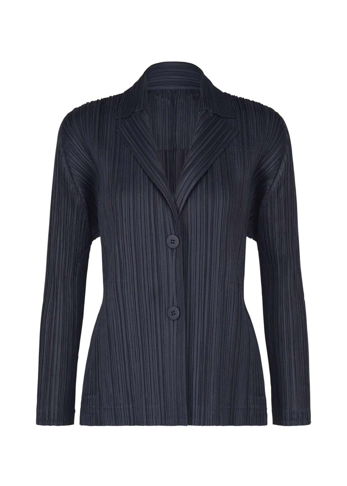 The PLEATS JACKET by PLEATS PLEASE ISSEY MIYAKE is a black blazer crafted from elegant pleated fabric, featuring long sleeves, a notched collar, and two front buttons. Displayed on a plain white background, this collared jacket includes subtle pockets for added functionality and style. view 2 of 7