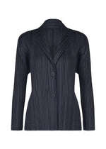 The PLEATS JACKET by PLEATS PLEASE ISSEY MIYAKE is a black blazer crafted from elegant pleated fabric, featuring long sleeves, a notched collar, and two front buttons. Displayed on a plain white background, this collared jacket includes subtle pockets for added functionality and style. - NAVY （no.75）