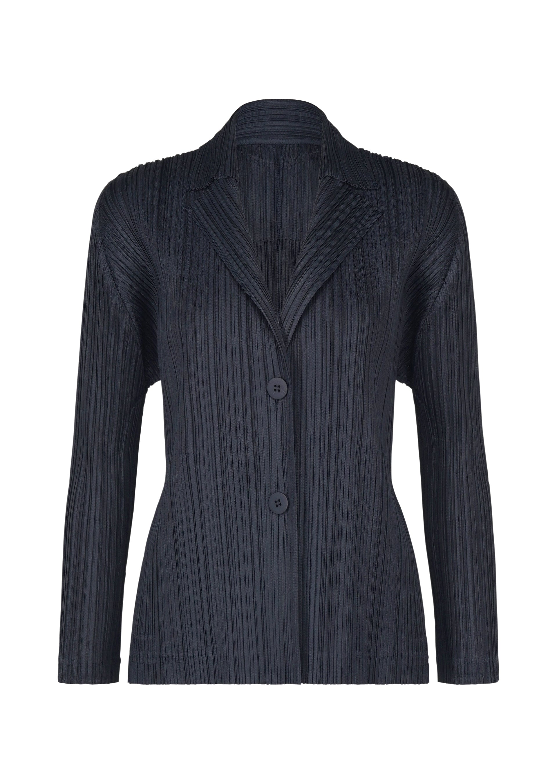 Zoomed view The PLEATS JACKET by PLEATS PLEASE ISSEY MIYAKE is a black blazer crafted from elegant pleated fabric, featuring long sleeves, a notched collar, and two front buttons. Displayed on a plain white background, this collared jacket includes subtle pockets for added functionality and style. - NAVY （no.75）