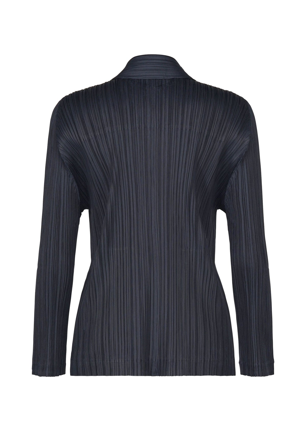 Back view of the PLEATS JACKET by PLEATS PLEASE ISSEY MIYAKE—a long-sleeve, dark-colored piece with a collared neckline, vertical textured pleats throughout, and subtle pockets for added functionality. view 3 of 7