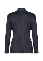 Back view of the PLEATS JACKET by PLEATS PLEASE ISSEY MIYAKE—a long-sleeve, dark-colored piece with a collared neckline, vertical textured pleats throughout, and subtle pockets for added functionality.