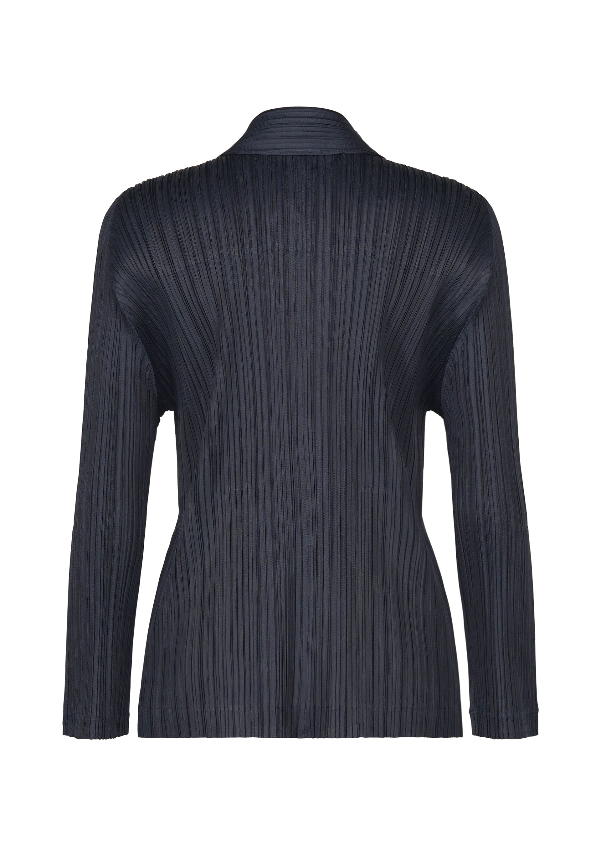 Zoomed view Back view of the PLEATS JACKET by PLEATS PLEASE ISSEY MIYAKE—a long-sleeve, dark-colored piece with a collared neckline, vertical textured pleats throughout, and subtle pockets for added functionality.