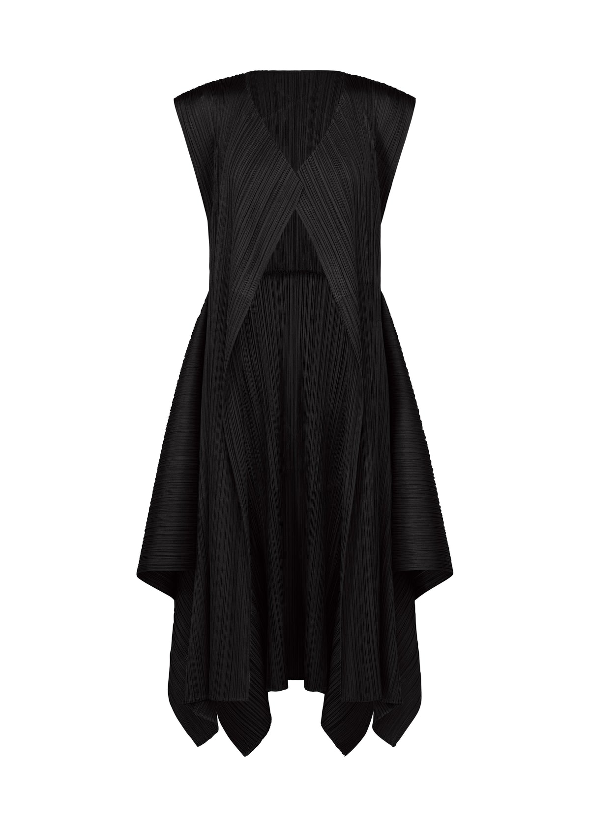 The FLUTTER dress by PLEATS PLEASE ISSEY MIYAKE is a sleeveless black design featuring a deep V-neckline, pleated textured fabric, and an asymmetrical flowing hemline. Its unique material offers a structured look, creating a modern, sculptural silhouette. view 2 of 9