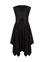 The FLUTTER dress by PLEATS PLEASE ISSEY MIYAKE is a sleeveless black design featuring a deep V-neckline, pleated textured fabric, and an asymmetrical flowing hemline. Its unique material offers a structured look, creating a modern, sculptural silhouette.