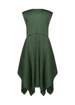 Introducing FLUTTER by PLEATS PLEASE ISSEY MIYAKE: a sleeveless dark green dress featuring a pleated texture, fitted bodice, and an asymmetrical handkerchief hemline. The fabric’s subtle sheen and structured appearance highlight a distinctive design reminiscent of a draped vest, offering added sophistication.
