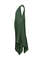 FLUTTER sleeveless, asymmetrical green dress by PLEATS PLEASE ISSEY MIYAKE, featuring a unique layered pleated texture and a draped, angular hem, shown against a plain white background.
