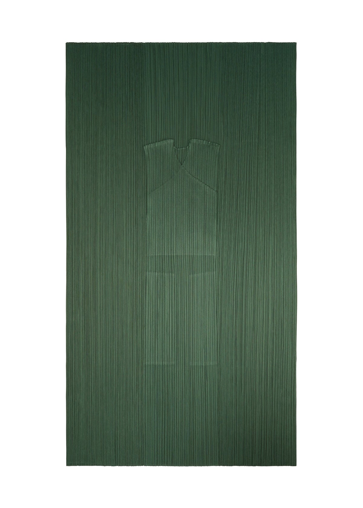 A textured green rectangular surface from PLEATS PLEASE ISSEY MIYAKE’s FLUTTER collection, featuring a subtle embossed outline of a sleeveless shirt and pants at the center, evoking the appearance of a draped vest crafted with unique fabric design. view 5 of 9