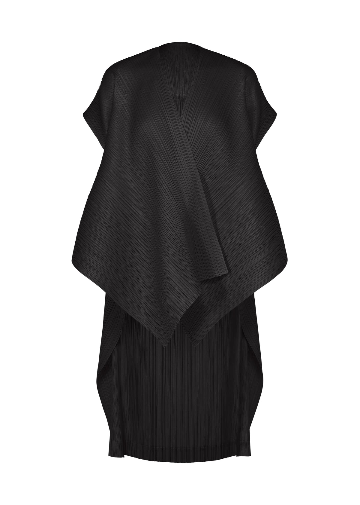 PLEATS PLEASE ISSEY MIYAKE COCOON black pleated sleeveless top with a draped, asymmetrical wrap front creating a striking three-dimensional form. view 1 of 6