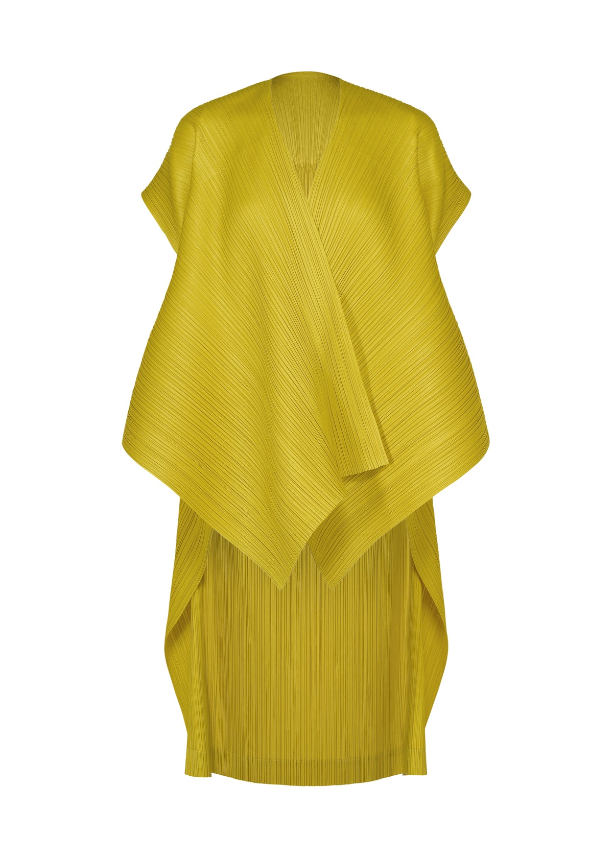 PLEATS PLEASE ISSEY MIYAKE COCOON chartreuse sleeveless tunic with a draped, pleated v-neck overlay that creates a striking silhouette. view 3 of 6