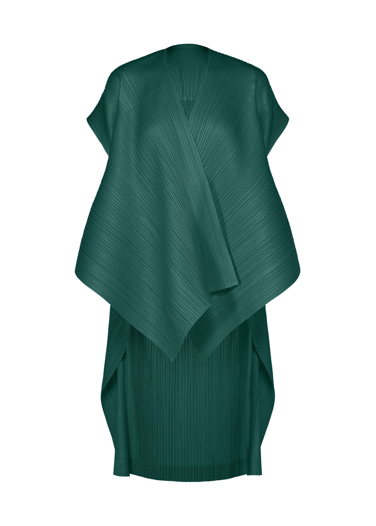 PLEATS PLEASE ISSEY MIYAKE COCOON dark green sleeveless top with sharp vertical pleats and an asymmetrical, layered wrap-style front creating a striking silhouette. view 2 of 6