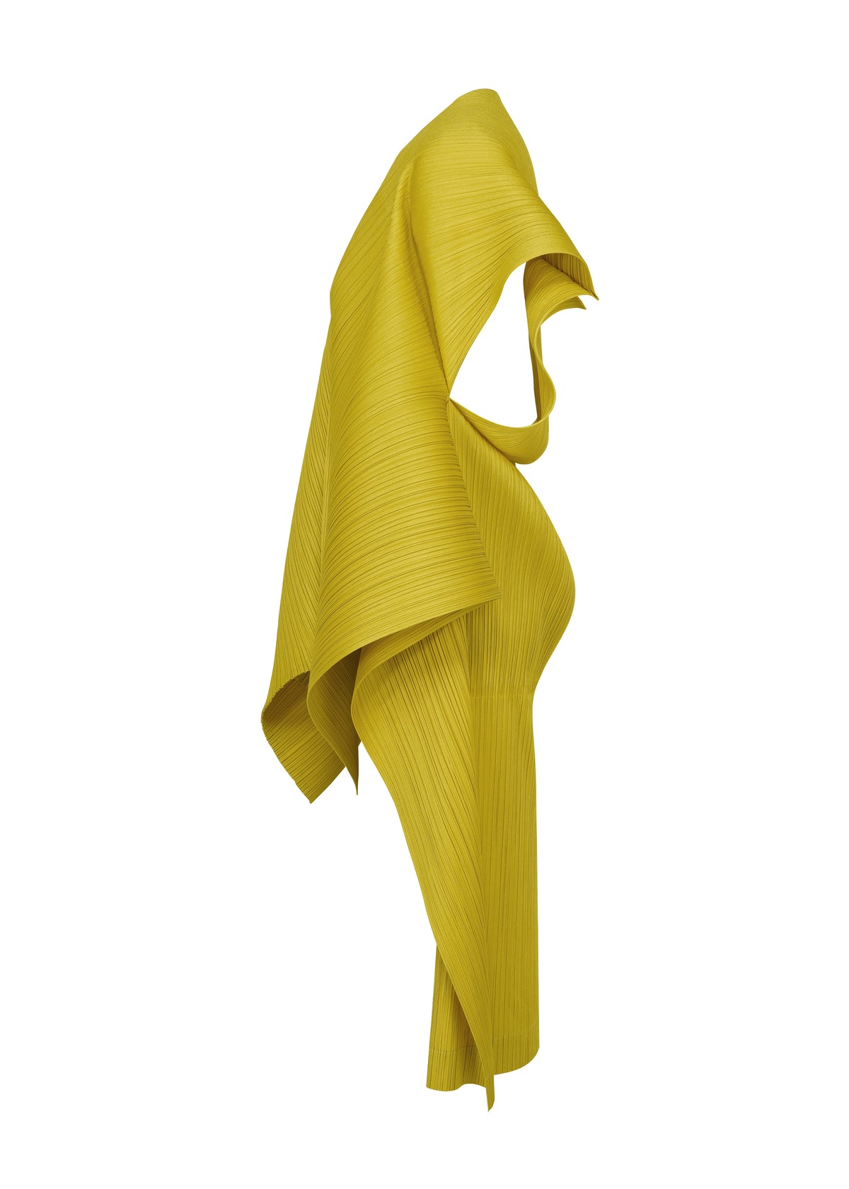 Zoomed view COCOON hooded top by PLEATS PLEASE ISSEY MIYAKE in chartreuse, featuring a voluminous, pleated drape and a striking silhouette.