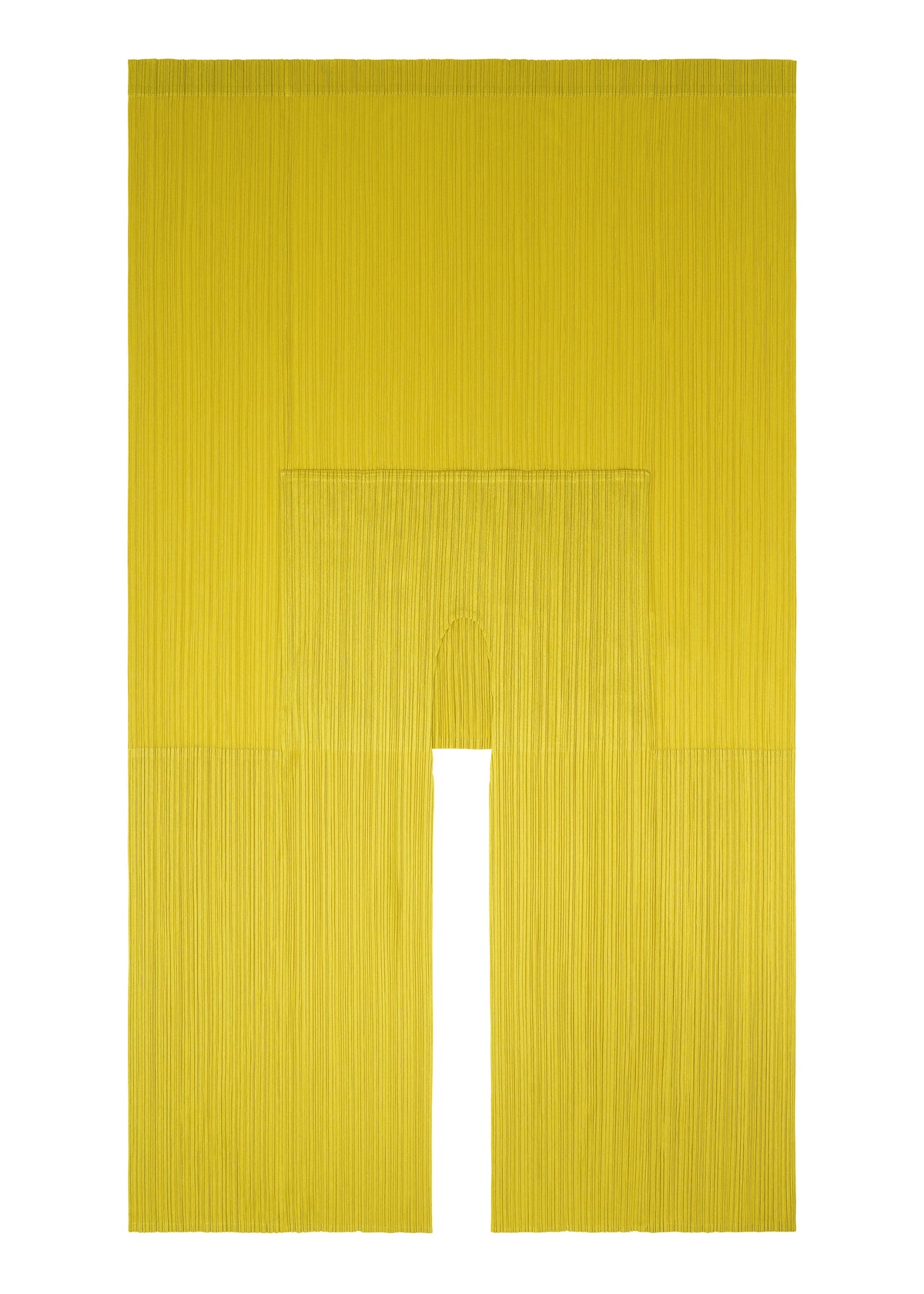 Yellow COCOON long vest by PLEATS PLEASE ISSEY MIYAKE, featuring French sleeves, a central rectangular panel, pleated fabric, and wide leg openings that create a striking silhouette. view 6 of 6
