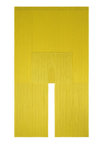 Yellow COCOON long vest by PLEATS PLEASE ISSEY MIYAKE, featuring French sleeves, a central rectangular panel, pleated fabric, and wide leg openings that create a striking silhouette.