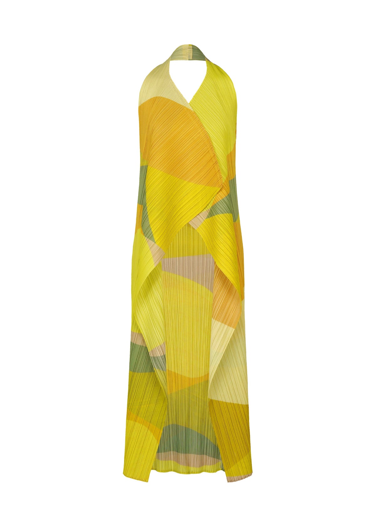 Zoomed view The ORBIT dress by PLEATS PLEASE ISSEY MIYAKE is a sleeveless halter-neck with pleats, featuring sheer colors and yellow, orange, green, and beige abstract patterns on white. - YELLOW （no.52）