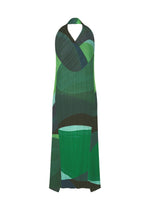 The ORBIT dress by PLEATS PLEASE ISSEY MIYAKE is a sleeveless halter-neck style with sheer colors and overlapping abstract green shapes, creating a modern, flowy look. Displayed on a white background.