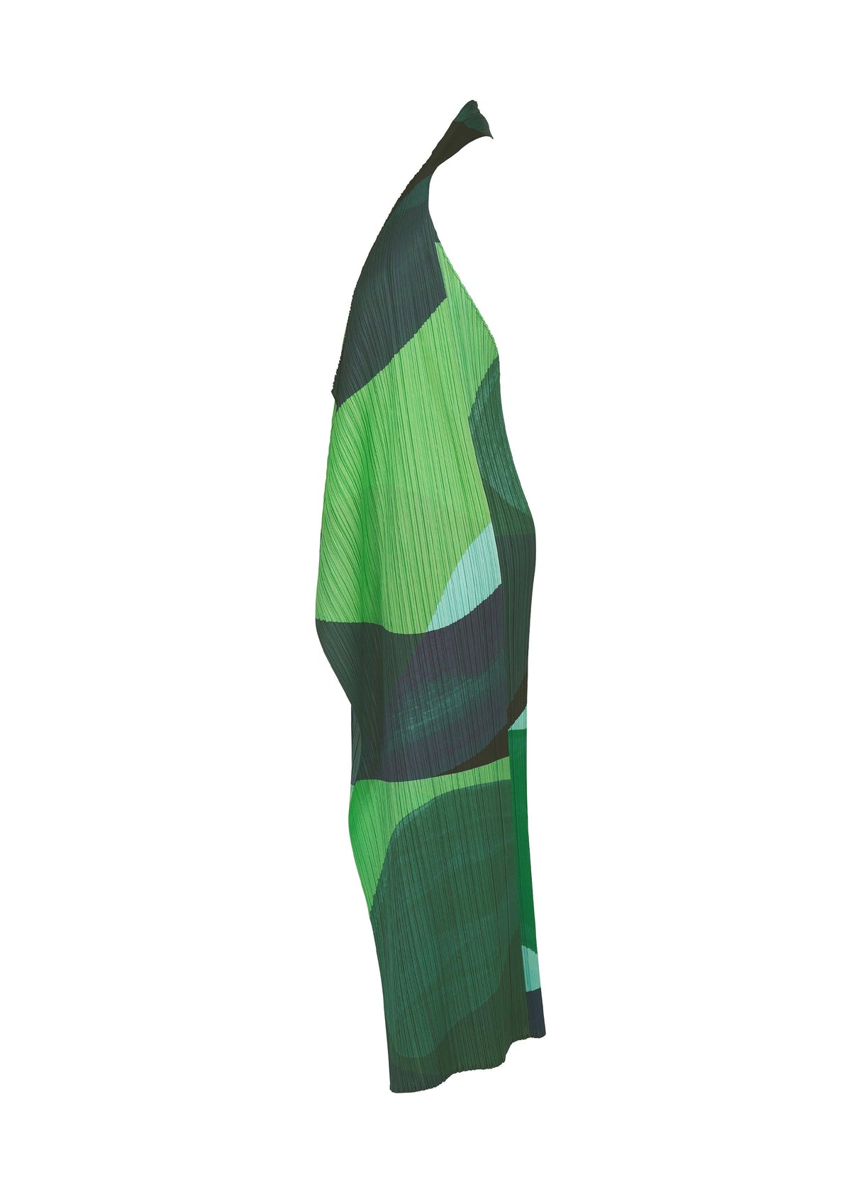 Zoomed view Side view of the PLEATS PLEASE ISSEY MIYAKE ORBIT sleeveless top, featuring green, black, and blue abstract overlapping shapes, pleated fabric, and an asymmetrical neckline for a modern, artistic look.