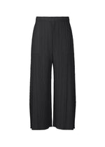 The MONTHLY COLORS : JULY pants by PLEATS PLEASE ISSEY MIYAKE are wide-leg black pleated pants with pockets and an elastic waistband, featuring a cropped, flowy silhouette. Shown against a white background. - BLACK （no.15）