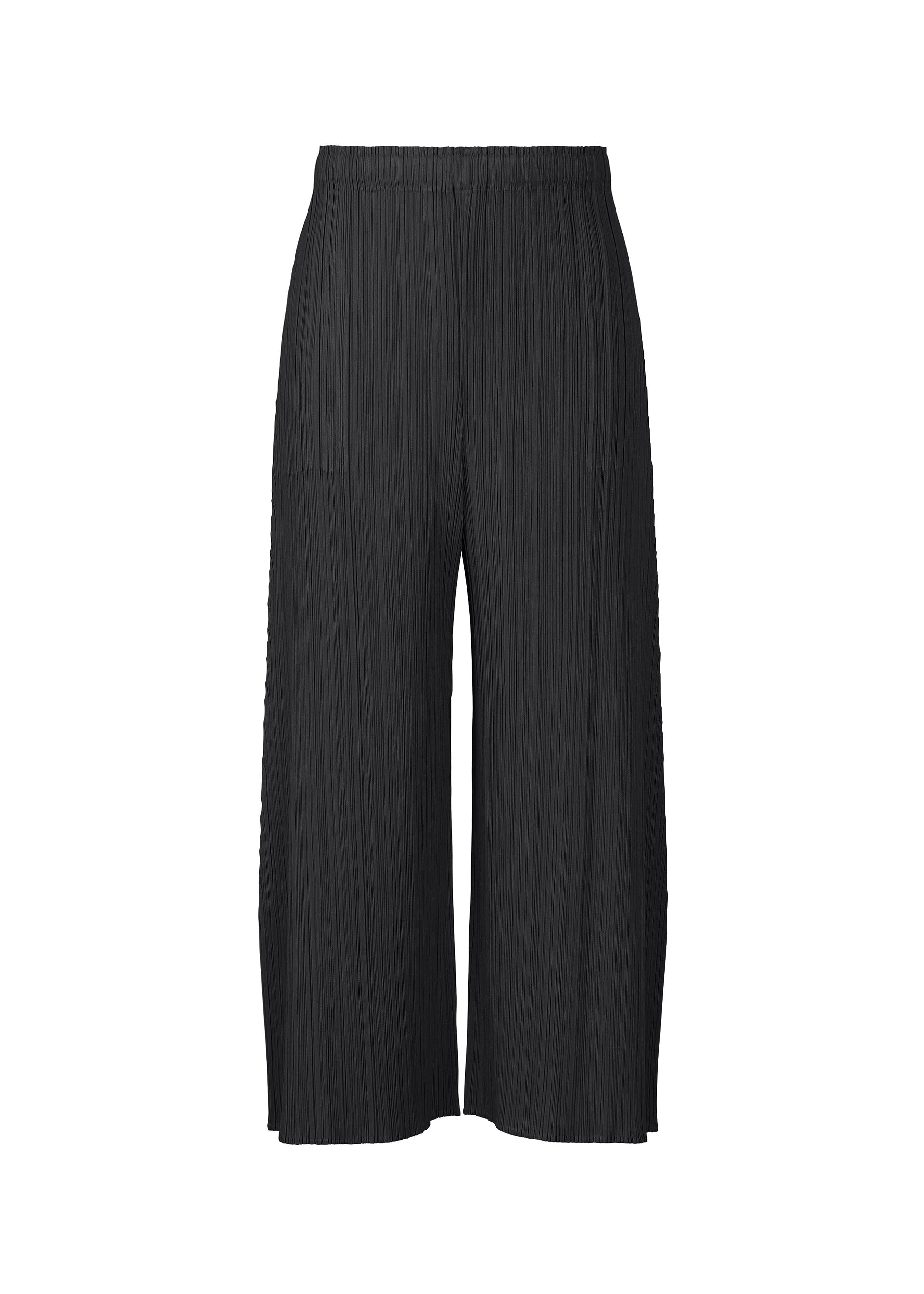 Zoomed view The MONTHLY COLORS : JULY pants by PLEATS PLEASE ISSEY MIYAKE are wide-leg black pleated pants with pockets and an elastic waistband, featuring a cropped, flowy silhouette. Shown against a white background. - BLACK （no.15）