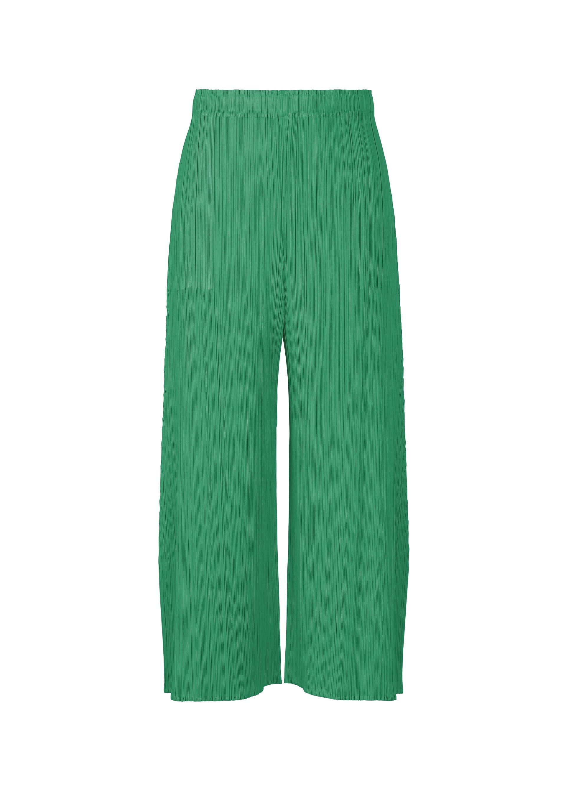 Zoomed view The MONTHLY COLORS : JULY wide-leg pants by PLEATS PLEASE ISSEY MIYAKE feature a vibrant green color, pleated texture, elastic waistband, and relaxed fit in lightweight fabric—perfect for easy, stylish wear. - FRESH GREEN （no.67）