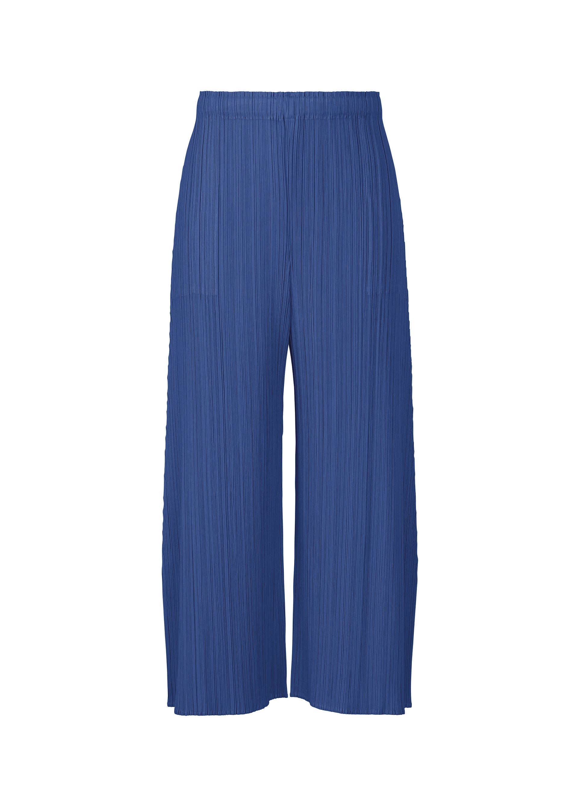 Zoomed view MONTHLY COLORS : JULY by PLEATS PLEASE ISSEY MIYAKE—blue pleated, wide-leg ankle-length pants with elastic waistband and pockets, shown on a white background. - BLUE （no.72）