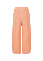 The MONTHLY COLORS : JULY wide-leg peach pleated pants by PLEATS PLEASE ISSEY MIYAKE feature pockets and an elastic waistband, shown against a white background.