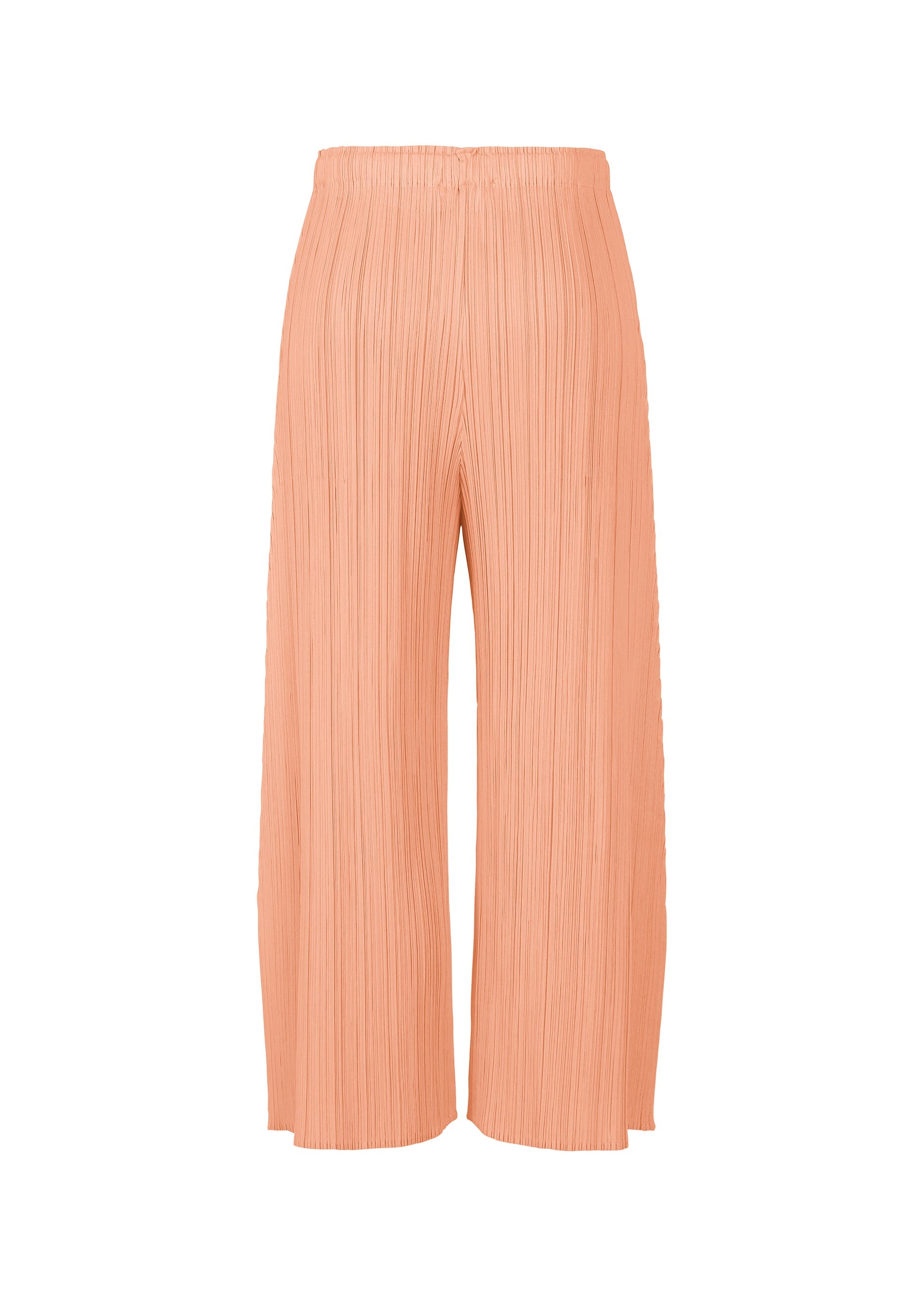 Zoomed view The MONTHLY COLORS : JULY wide-leg peach pleated pants by PLEATS PLEASE ISSEY MIYAKE feature pockets and an elastic waistband, shown against a white background.
