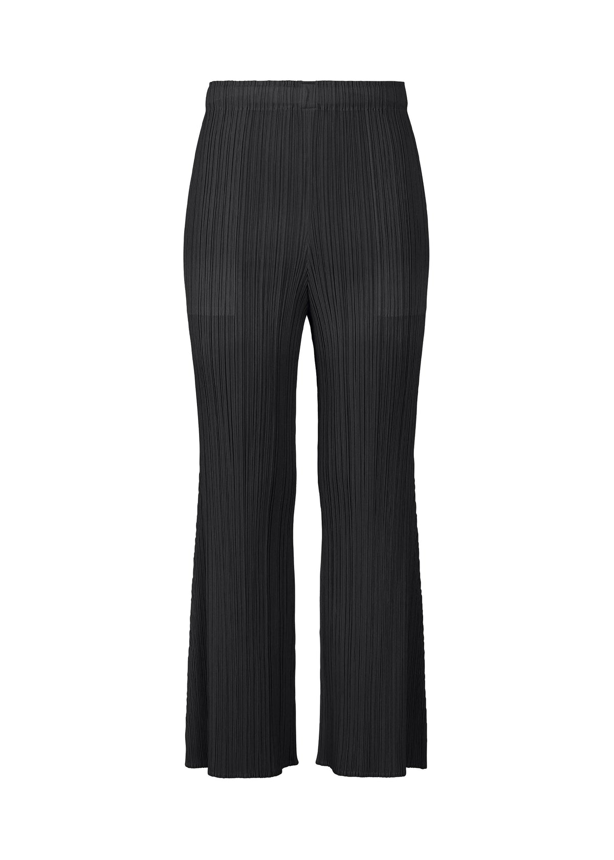 The MONTHLY COLORS : JULY pants by PLEATS PLEASE ISSEY MIYAKE feature a black, wide-leg pleated flare design with pockets and an elastic waistband, shown against a white background. view 1 of 10