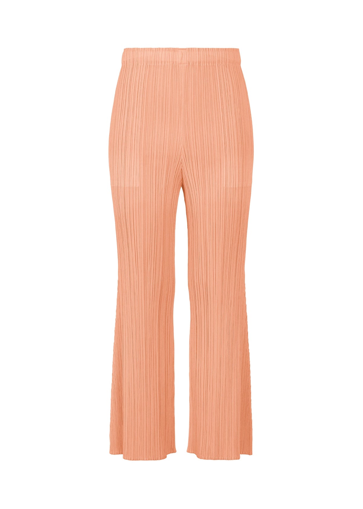 The MONTHLY COLORS : JULY peach-colored flare pants by PLEATS PLEASE ISSEY MIYAKE feature a high waist, pleated design, and convenient pockets, shown on a white background for a modern twist on colorful pants. view 2 of 10