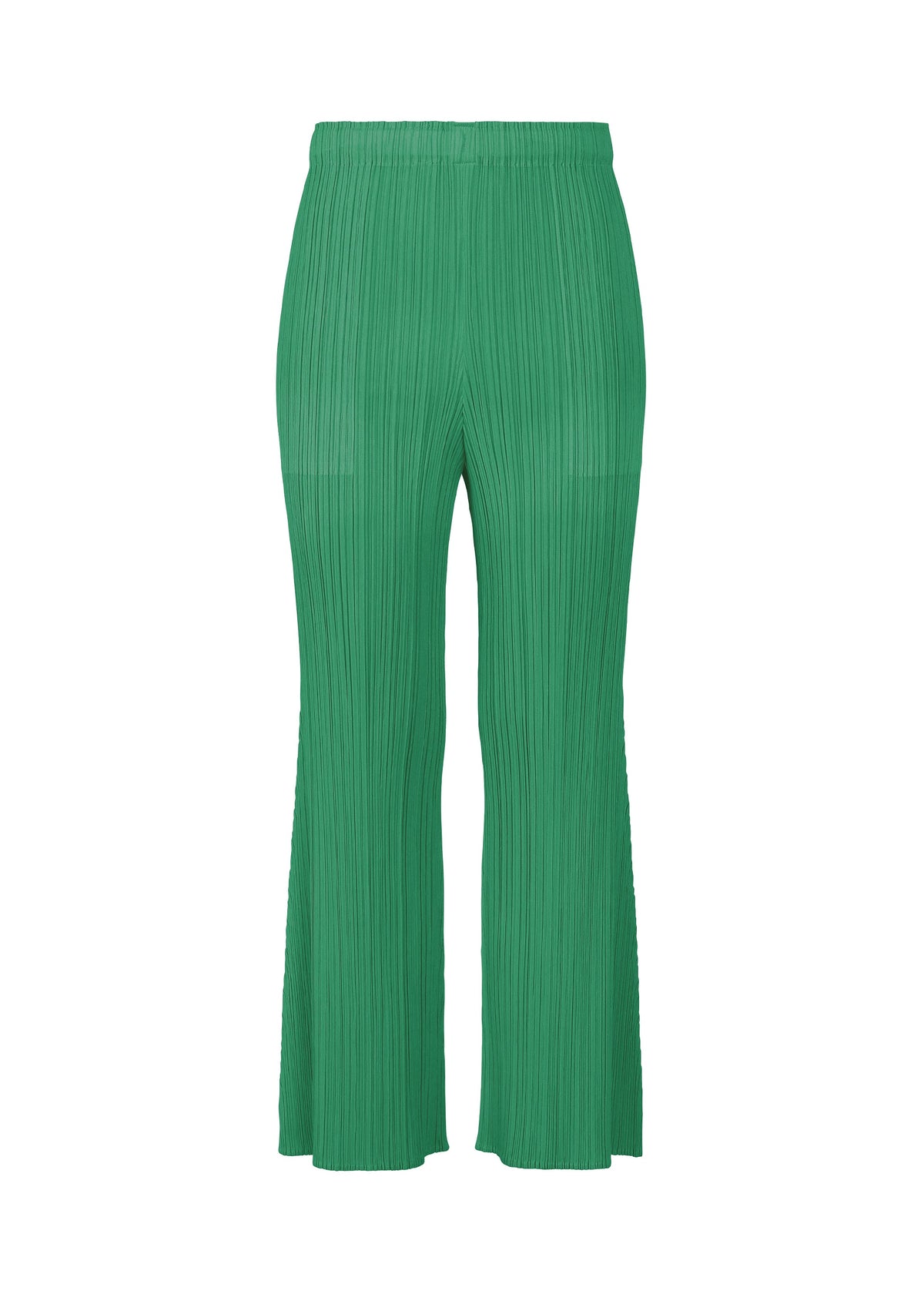 The MONTHLY COLORS : JULY pants by PLEATS PLEASE ISSEY MIYAKE feature bright green pleats, a high elastic waist, handy pockets, and wide flared legs, shown against a white background. view 4 of 10