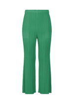 The MONTHLY COLORS : JULY pants by PLEATS PLEASE ISSEY MIYAKE feature bright green pleats, a high elastic waist, handy pockets, and wide flared legs, shown against a white background. - FRESH GREEN （no.67）