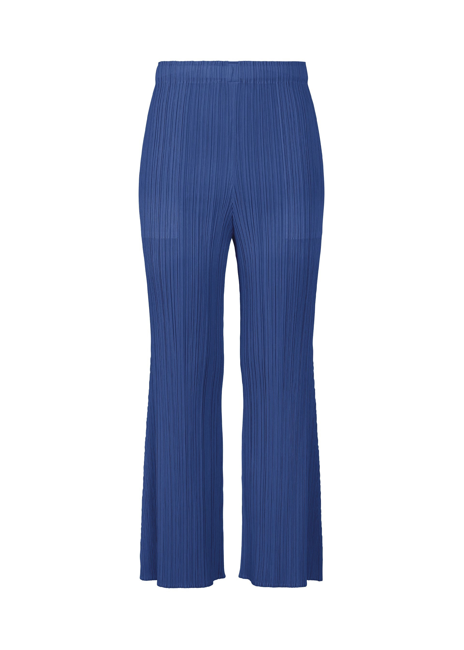 Zoomed view MONTHLY COLORS : JULY wide-leg blue pleated pants by PLEATS PLEASE ISSEY MIYAKE, featuring an elastic waistband and pockets, shown against a white background. - BLUE （no.72）
