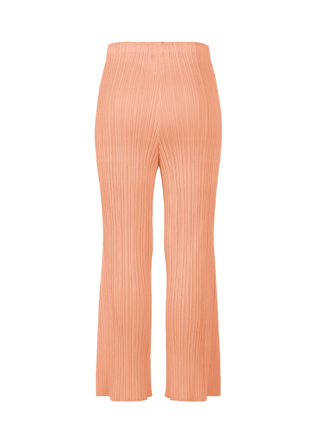 The MONTHLY COLORS : JULY peach flare pants by PLEATS PLEASE ISSEY MIYAKE feature a high waist, pleated texture, wide legs, and pockets, displayed on a plain white background. view 6 of 10