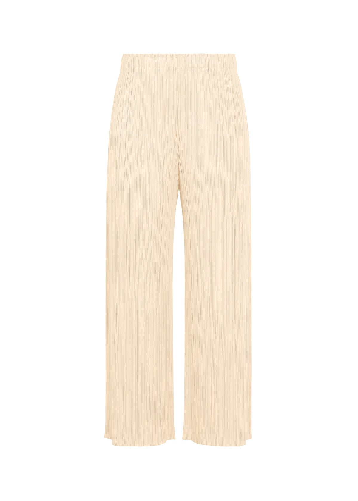 MONTHLY COLORS : AUGUST wide-leg pants by PLEATS PLEASE ISSEY MIYAKE, featuring a pleated texture, elastic waistband, and full-length beige design—perfect for summer—shown against a white background. view 1 of 11