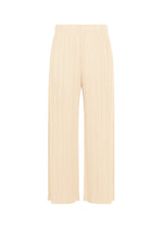 MONTHLY COLORS : AUGUST wide-leg pants by PLEATS PLEASE ISSEY MIYAKE, featuring a pleated texture, elastic waistband, and full-length beige design—perfect for summer—shown against a white background. - OFF WHITE （no.02）