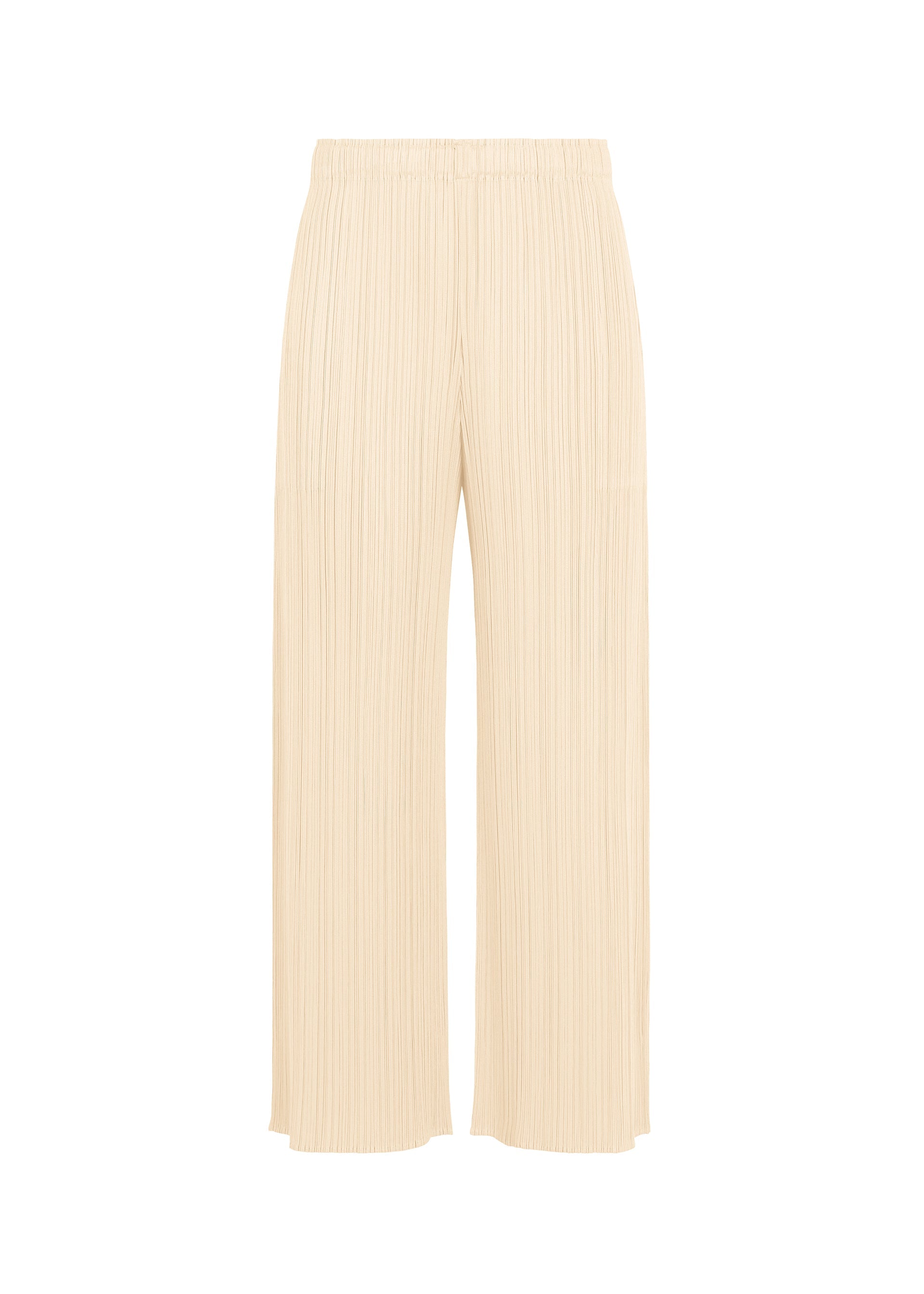 Zoomed view MONTHLY COLORS : AUGUST wide-leg pants by PLEATS PLEASE ISSEY MIYAKE, featuring a pleated texture, elastic waistband, and full-length beige design—perfect for summer—shown against a white background. - OFF WHITE （no.02）