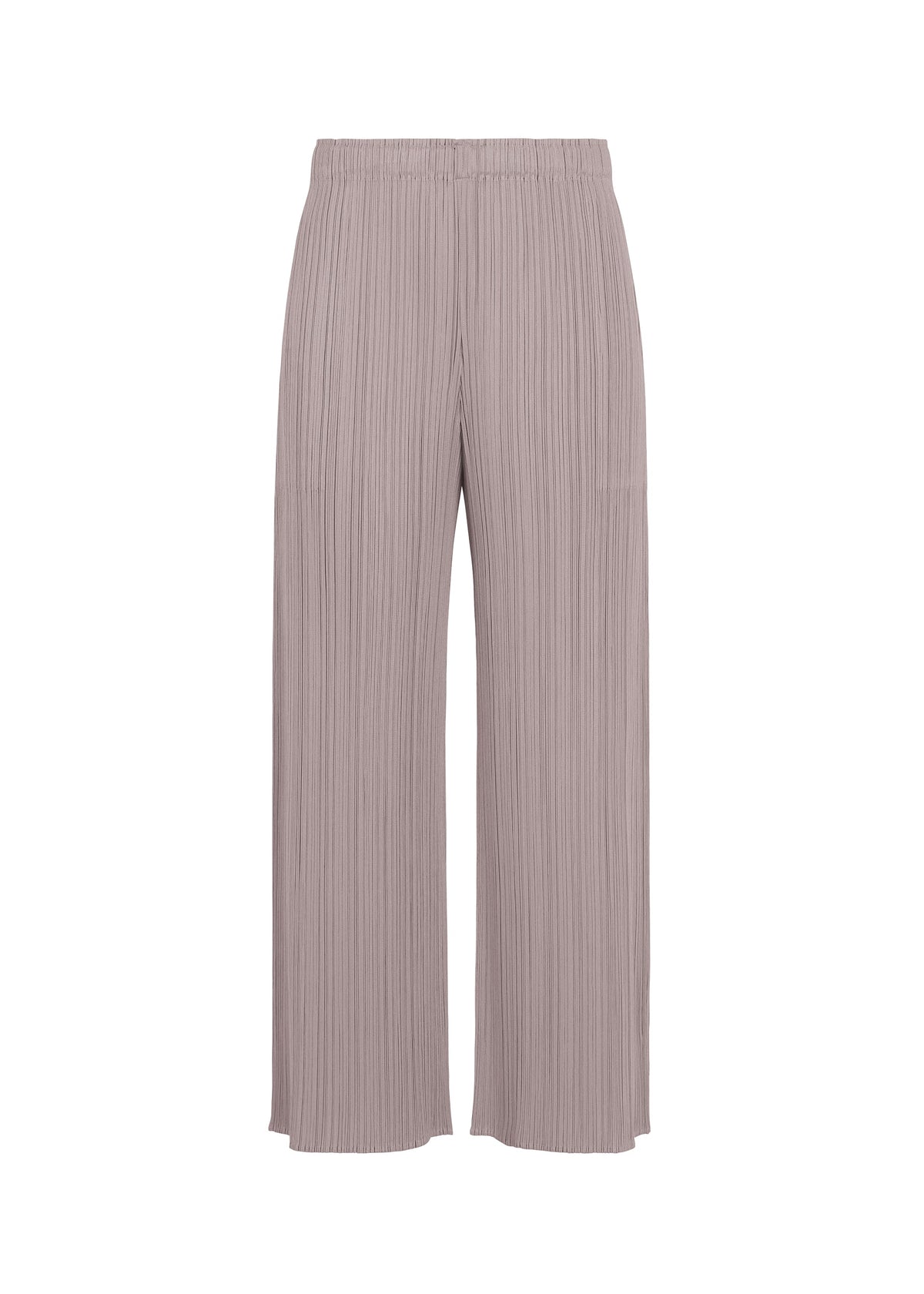 Light taupe, wide-leg pleated pants from the PLEATS PLEASE ISSEY MIYAKE MONTHLY COLORS : AUGUST collection—featuring an elastic waistband and ideal for summer—displayed against a white background. view 2 of 11