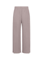 Light taupe, wide-leg pleated pants from the PLEATS PLEASE ISSEY MIYAKE MONTHLY COLORS : AUGUST collection—featuring an elastic waistband and ideal for summer—displayed against a white background. - GRAYISH PURPLE （no.14）