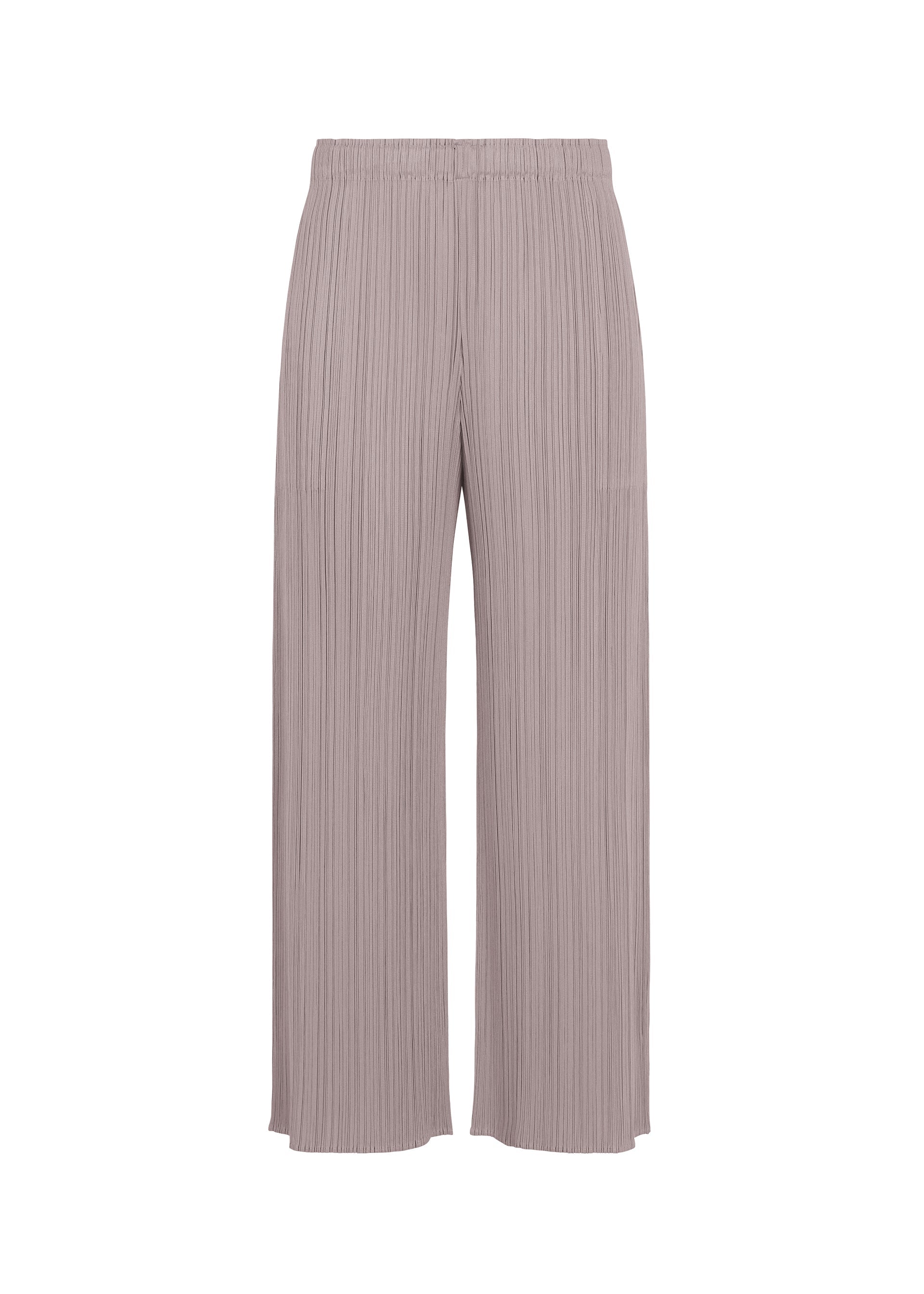 Zoomed view Light taupe, wide-leg pleated pants from the PLEATS PLEASE ISSEY MIYAKE MONTHLY COLORS : AUGUST collection—featuring an elastic waistband and ideal for summer—displayed against a white background. - GRAYISH PURPLE （no.14）