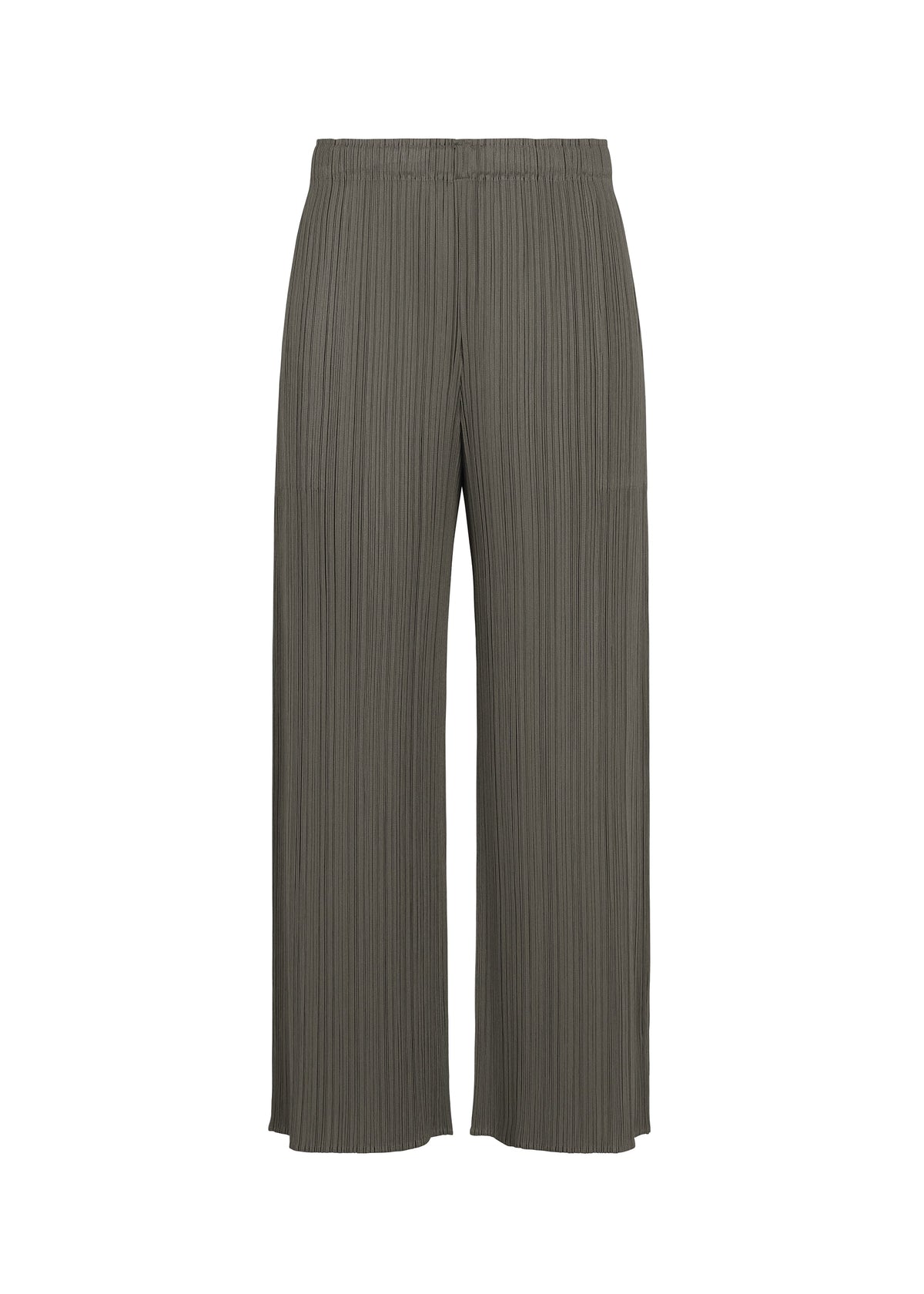 The MONTHLY COLORS : AUGUST pants from PLEATS PLEASE ISSEY MIYAKE are gray, pleated wide-leg trousers with an elastic waistband, shown against a white background. These straight-cut pants have a relaxed fit and straight hem, offering effortless style for summer wear. view 3 of 11