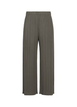 The MONTHLY COLORS : AUGUST pants from PLEATS PLEASE ISSEY MIYAKE are gray, pleated wide-leg trousers with an elastic waistband, shown against a white background. These straight-cut pants have a relaxed fit and straight hem, offering effortless style for summer wear. - CHARCOAL （no.17）