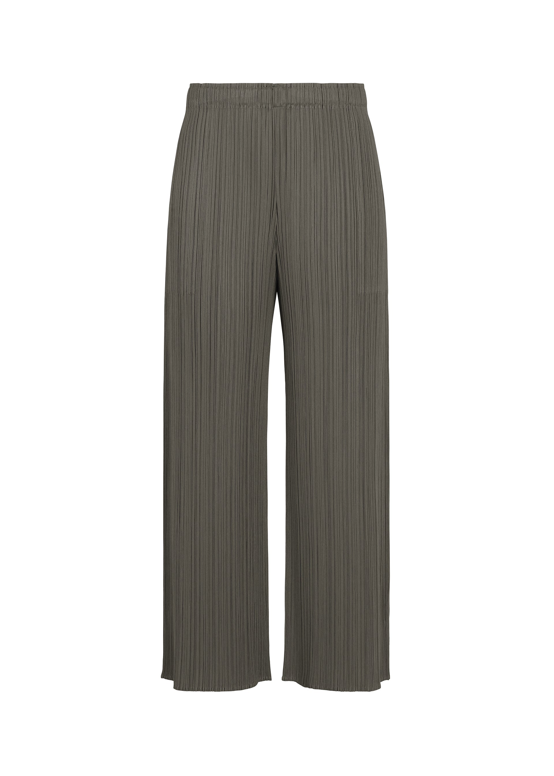 Zoomed view The MONTHLY COLORS : AUGUST pants from PLEATS PLEASE ISSEY MIYAKE are gray, pleated wide-leg trousers with an elastic waistband, shown against a white background. These straight-cut pants have a relaxed fit and straight hem, offering effortless style for summer wear. - CHARCOAL （no.17）
