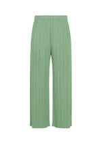 MONTHLY COLORS : AUGUST by PLEATS PLEASE ISSEY MIYAKE features light green pleated wide-leg pants with an elastic waistband, shown against a white background, delivering vibrant colors ideal for summer wear. - GRAYISH GREEN （no.61）