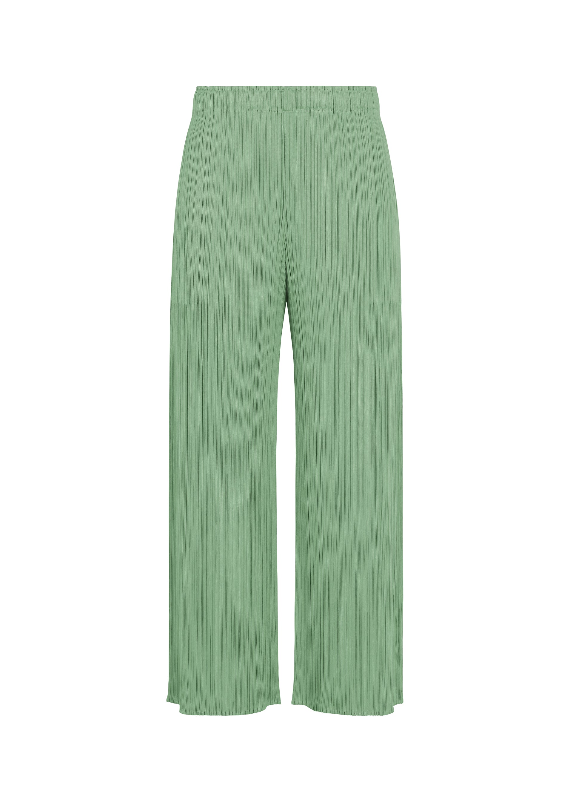 Zoomed view MONTHLY COLORS : AUGUST by PLEATS PLEASE ISSEY MIYAKE features light green pleated wide-leg pants with an elastic waistband, shown against a white background, delivering vibrant colors ideal for summer wear. - GRAYISH GREEN （no.61）