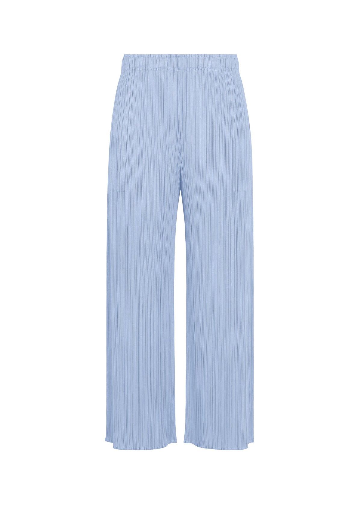 The MONTHLY COLORS : AUGUST pants by PLEATS PLEASE ISSEY MIYAKE feature a light blue hue, high-waisted wide-leg silhouette, pleated texture, and an elastic waistband—offering vibrant color and airy comfort perfect for summer. Shown on a white background. view 5 of 11