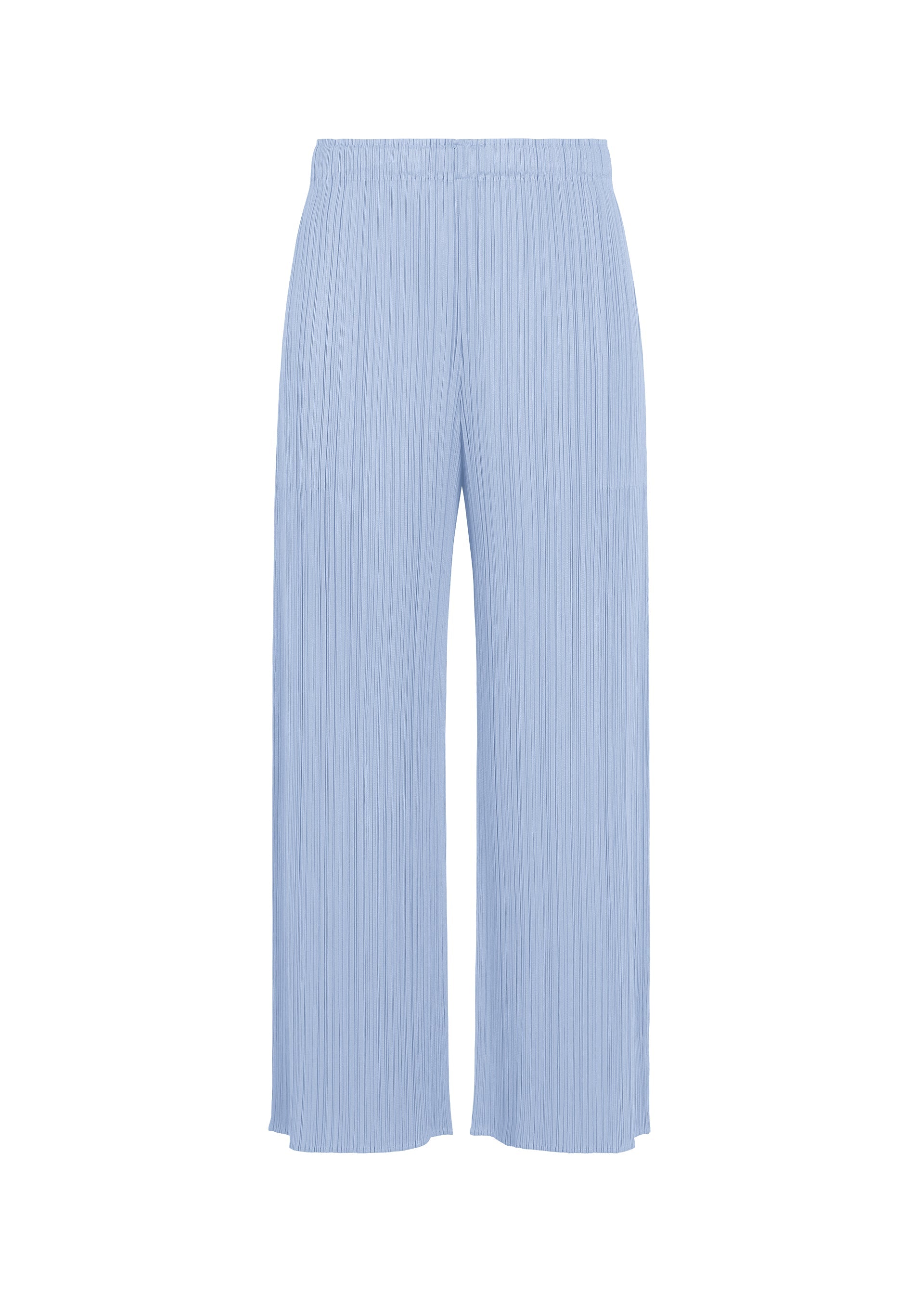 Zoomed view The MONTHLY COLORS : AUGUST pants by PLEATS PLEASE ISSEY MIYAKE feature a light blue hue, high-waisted wide-leg silhouette, pleated texture, and an elastic waistband—offering vibrant color and airy comfort perfect for summer. Shown on a white background. - LIGHT BLUE （no.70）