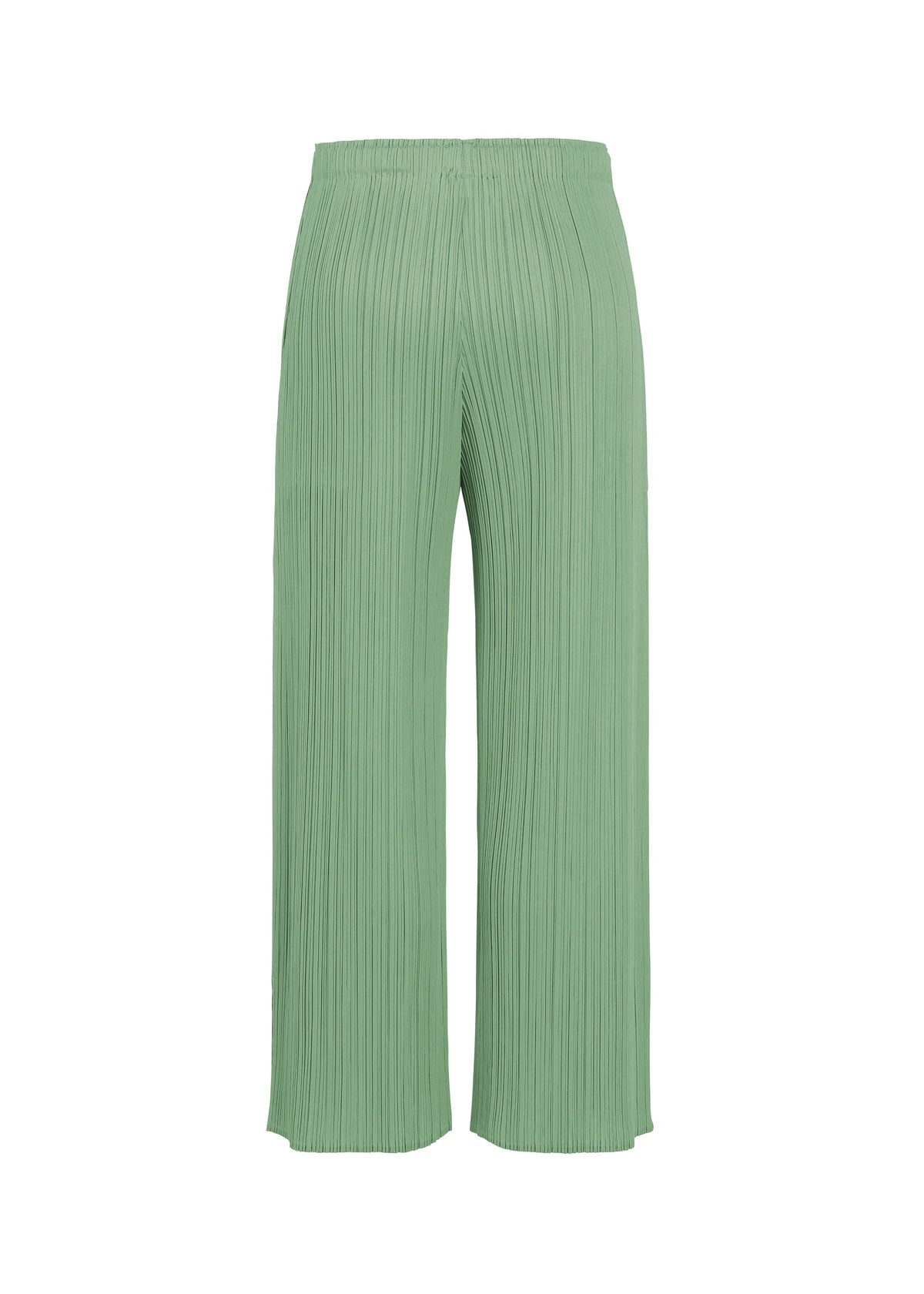 MONTHLY COLORS : AUGUST wide-leg, high-waisted pants by PLEATS PLEASE ISSEY MIYAKE in light green with vertical pleats are displayed against a white background. Crafted from lightweight, flowy fabric, they are an ideal choice for summer wear. view 6 of 11
