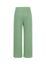 MONTHLY COLORS : AUGUST wide-leg, high-waisted pants by PLEATS PLEASE ISSEY MIYAKE in light green with vertical pleats are displayed against a white background. Crafted from lightweight, flowy fabric, they are an ideal choice for summer wear.