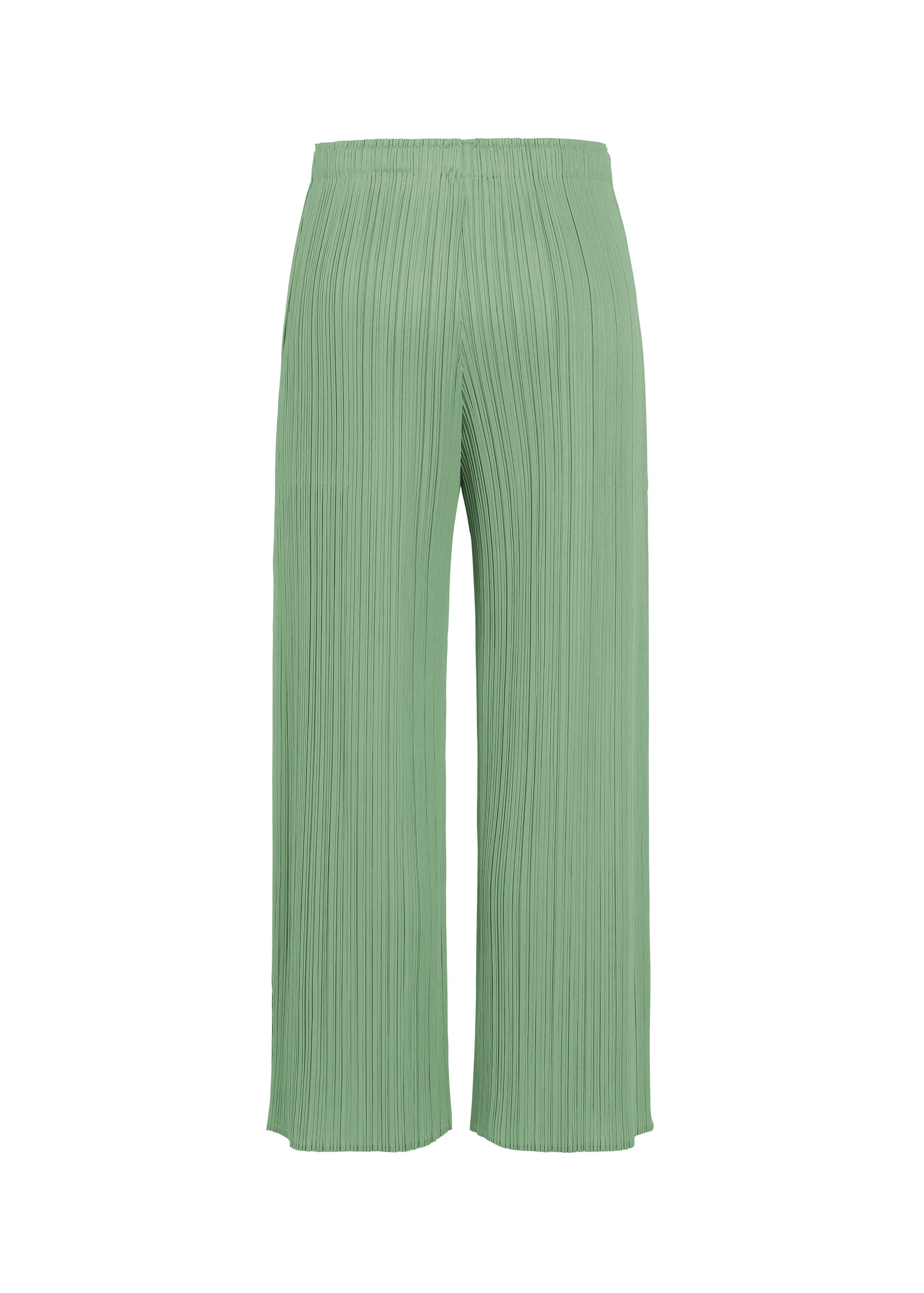 Zoomed view MONTHLY COLORS : AUGUST wide-leg, high-waisted pants by PLEATS PLEASE ISSEY MIYAKE in light green with vertical pleats are displayed against a white background. Crafted from lightweight, flowy fabric, they are an ideal choice for summer wear.